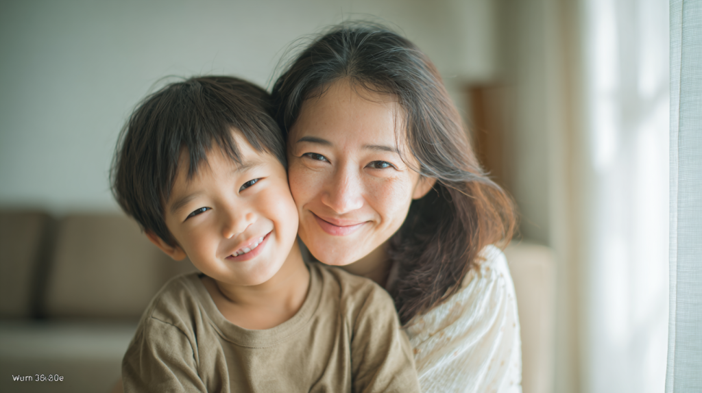 ohomagari2 - 小児矯正は北海道北広島市にある歯医者のさいわいデンタルクリニック札幌大曲 北広島市で小児矯正を検討する親子が、日当たりの良い部屋で笑顔で過ごす安心感のある風景。