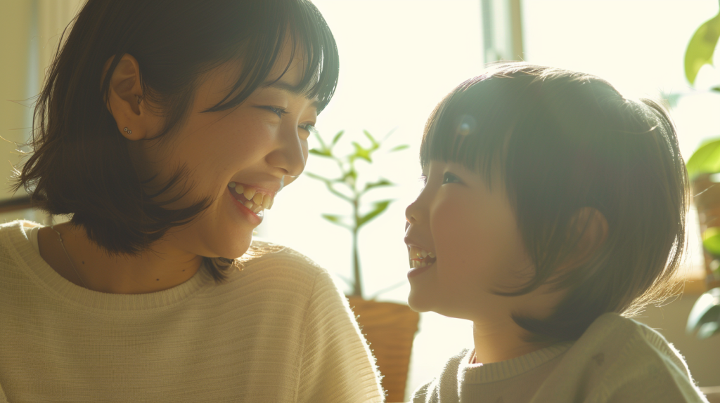 ohomagari3 - 小児矯正は北海道北広島市にある歯医者のさいわいデンタルクリニック札幌大曲 北広島市の歯科医院で笑顔を見せる親子。小児矯正の相談で安心した表情を浮かべるイメージ。