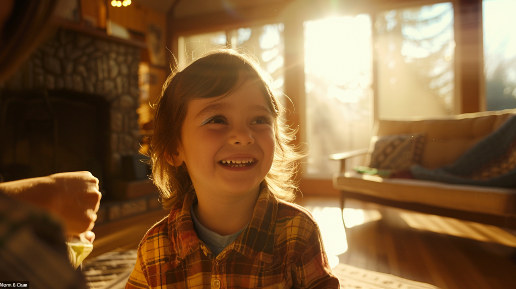 北広島市で小児矯正を検討中の親子が、明るい陽光の中で笑顔で向き合い安心している様子。