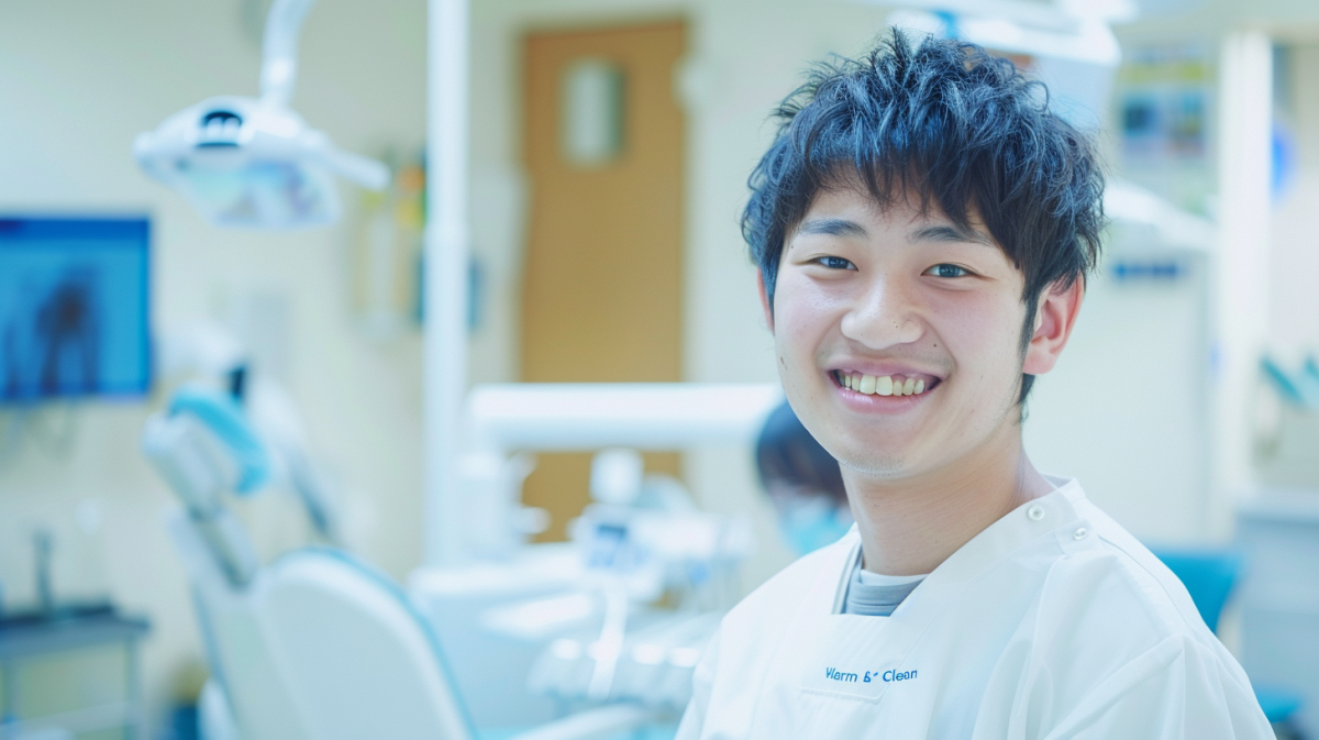 北広島・大曲の歯科医院で、小児矯正や歯並びの相談を終えて明るい表情を見せる男性と温かいクリニックの風景。