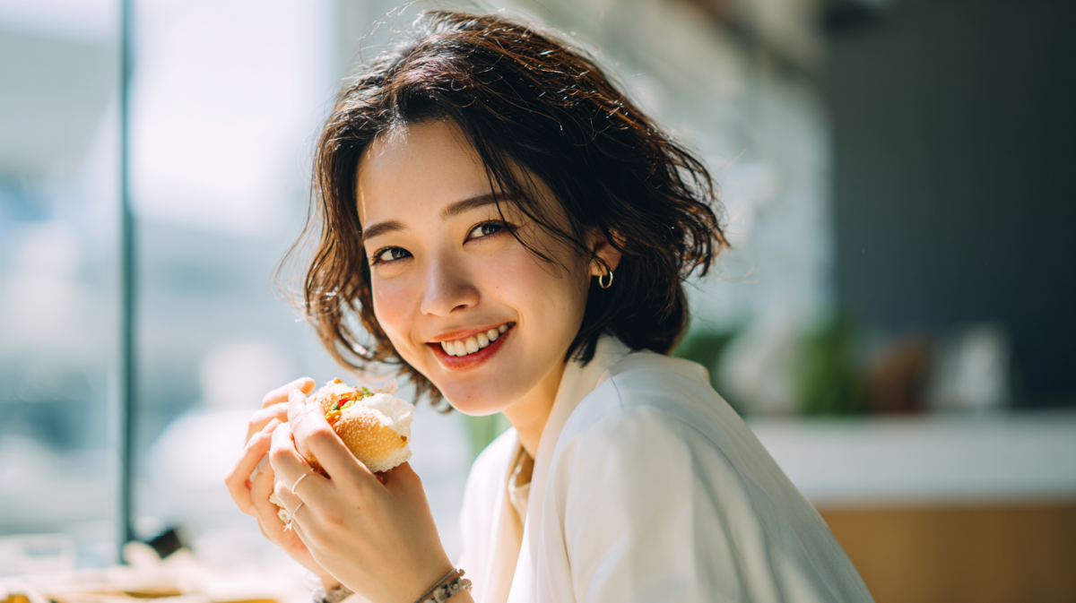 札幌・北広島で矯正治療を検討する女性が、整った歯並びで食事を楽しみ笑顔で過ごす清潔感のある風景