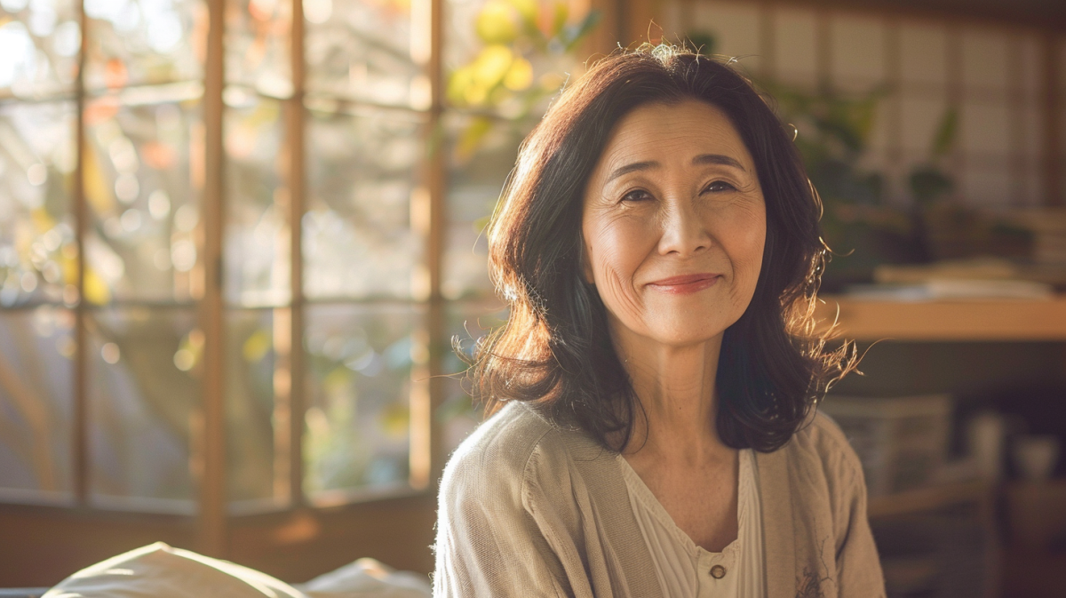 自然光の中で穏やかに微笑む50代の女性。札幌・北広島での大人のマウスピース矯正をイメージ。