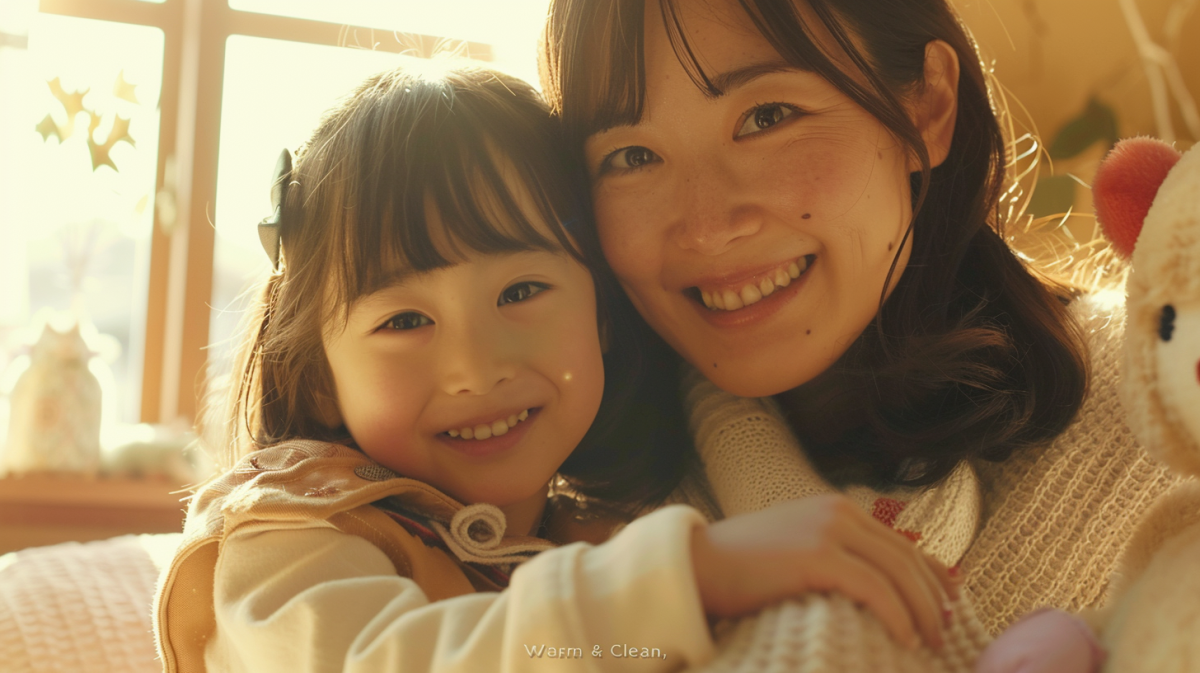 明るい日差しの中で笑顔を見せる親子。北海道での小児矯正と遠方からの通院相談をイメージした写真。