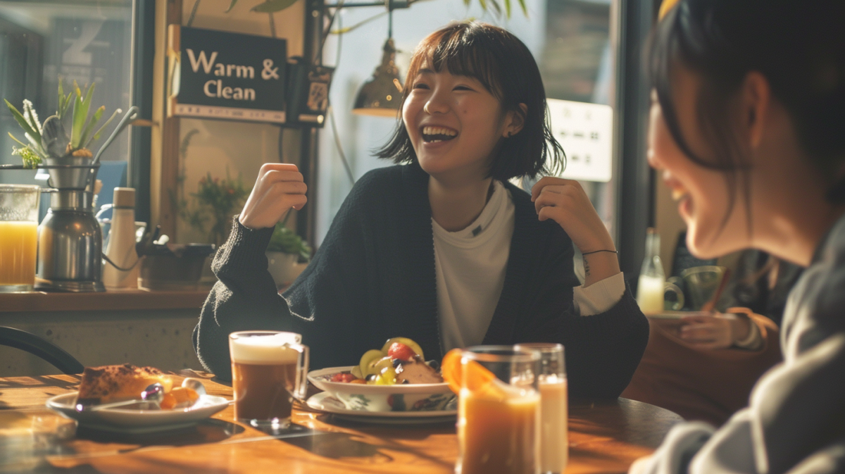 saiwai_A_heartwarming_and_clean_photo_of_a_Japanese_young_wom_6f5c38ed-b11a-4d98-9d32-30ef1012ff2b_0 - 小児矯正は北海道北広島市にある歯医者のさいわいデンタルクリニック札幌大曲 明るいダイニングで笑顔を見せる女性。札幌・北広島での開咬の相談をイメージした清潔感ある風景。