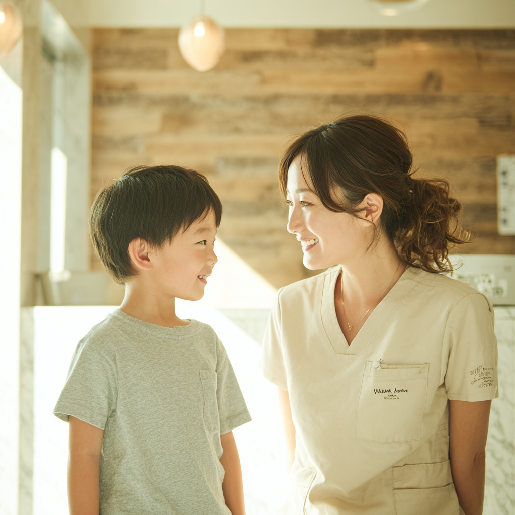 saiwai_A_heartwarming_high-quality_photograph_of_a_young_Japa_21c036b0-42a0-4b6e-a5c5-f7bc0ccc6527_1 - 小児矯正は北海道北広島市にある歯医者のさいわいデンタルクリニック札幌大曲 清田区北野周辺の親子が笑顔で話す、明るく清潔感のある歯科医院での小児矯正相談のイメージ風景。