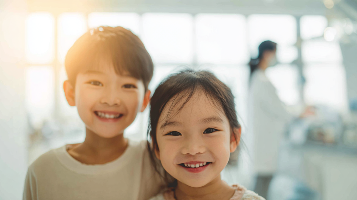 北広島・札幌で兄妹の小児矯正を相談する家族をイメージした、明るく清潔感のある歯科医院の風景。