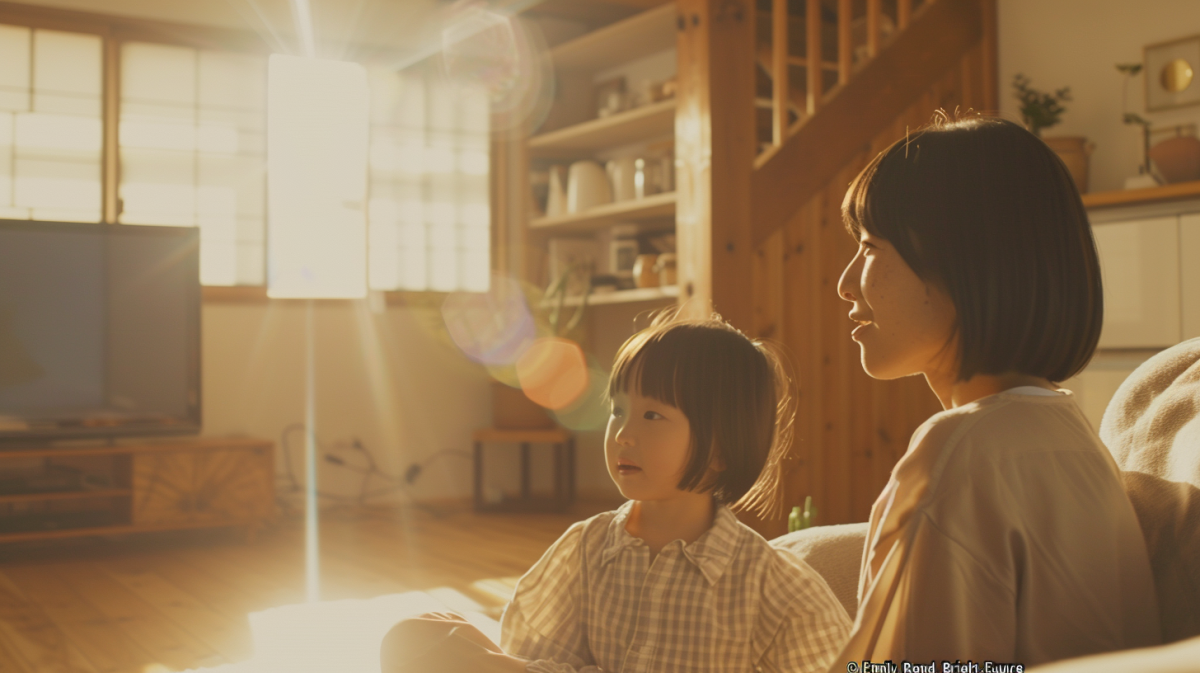 saiwai_A_warm_and_clean_photo_of_a_Japanese_mother_and_her_el_f0f0380b-6a13-4f77-8162-227d3e9dee0c_1 - 小児矯正は北海道北広島市にある歯医者のさいわいデンタルクリニック札幌大曲 清田区美しが丘周辺での小児矯正を検討する親子が、明るい光の中で笑顔で向き合う安心感のある風景