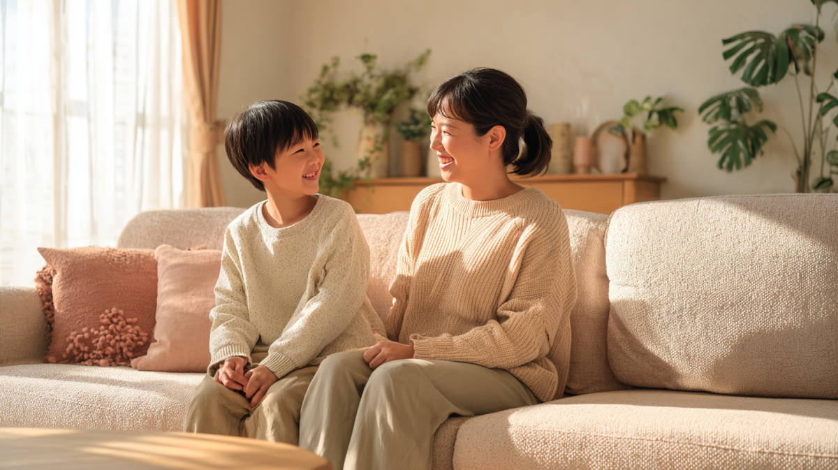 saiwai_Japanese_mother_and_young_child_6-8_years_old_sitting__31d1d518-8c7c-4d60-8996-73dd3d0bce2a_1 - 小児矯正は北海道北広島市にある歯医者のさいわいデンタルクリニック札幌大曲 清田区平岡周辺での小児矯正相談をイメージした、笑顔で向き合う親子と温かい日差しが入る明るい空間。
