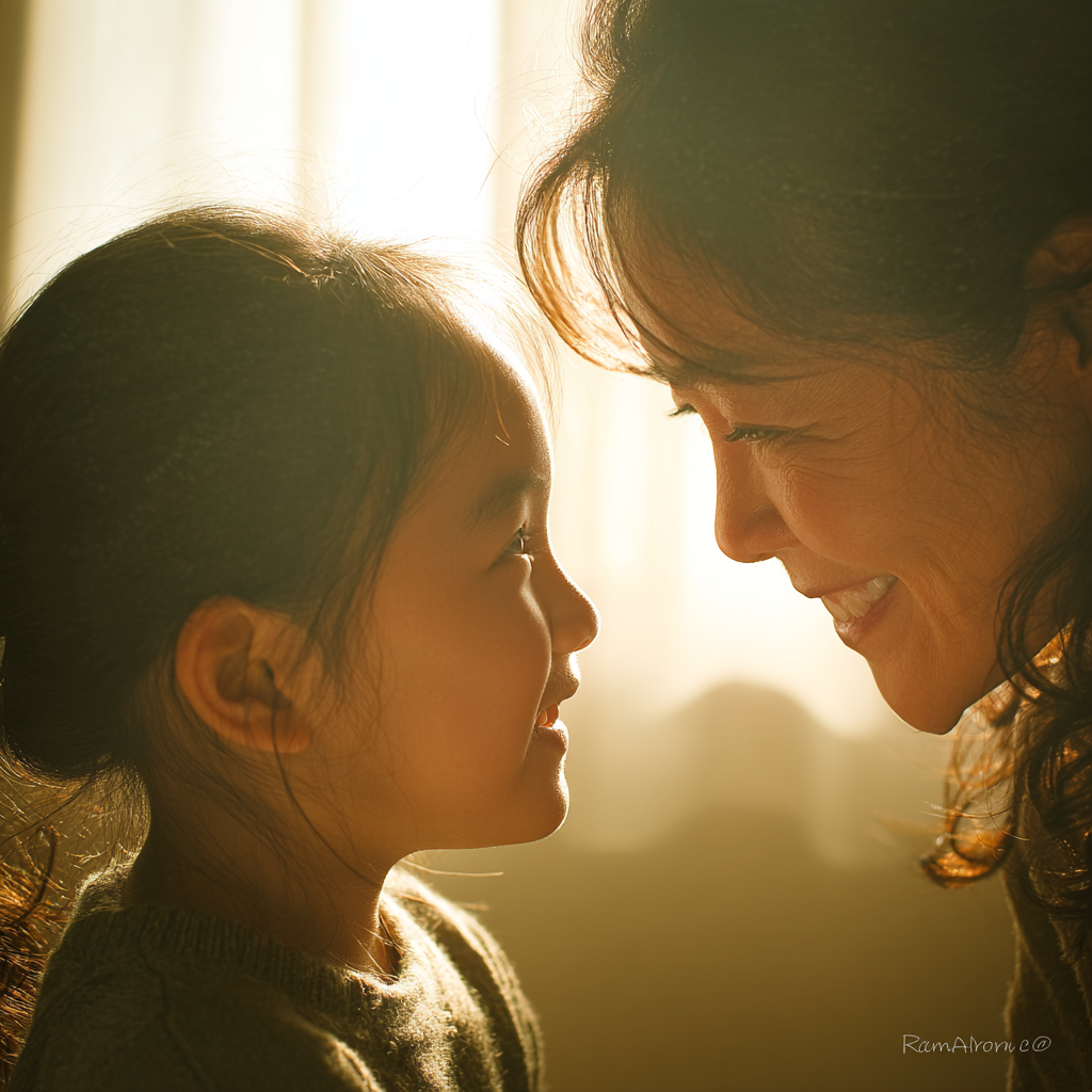 清田区里塚緑ヶ丘周辺で小児矯正を検討する親子が、柔らかな光の中で微笑み合い安心している様子